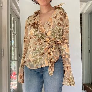 Silk floral bell sleeve wrap blouse